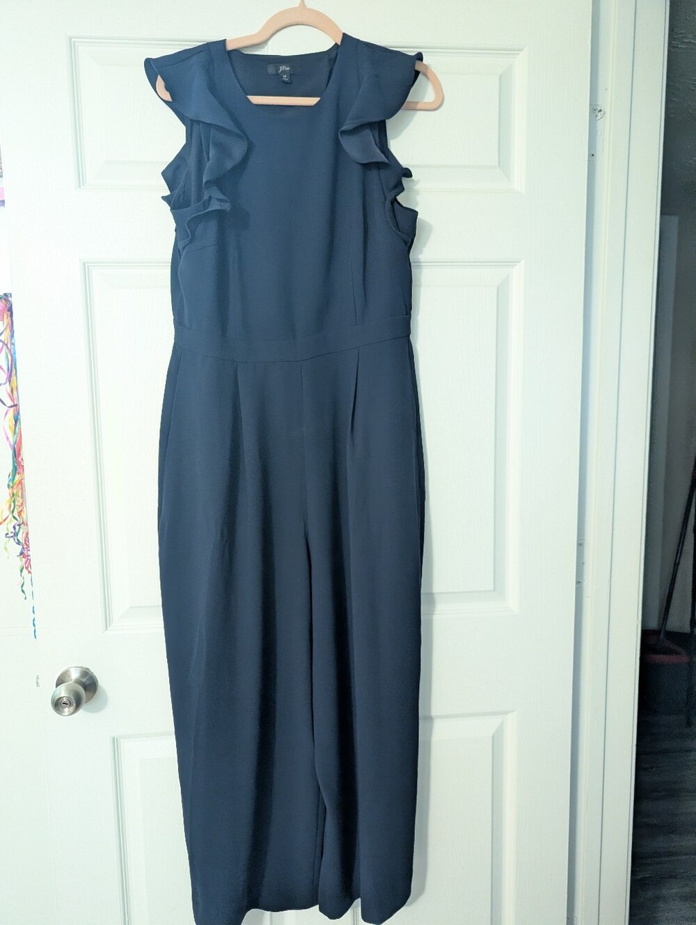 NWOT J. Crew Navy Ruffle-Shoulder Wide-Leg Jumpsuit- Sz12